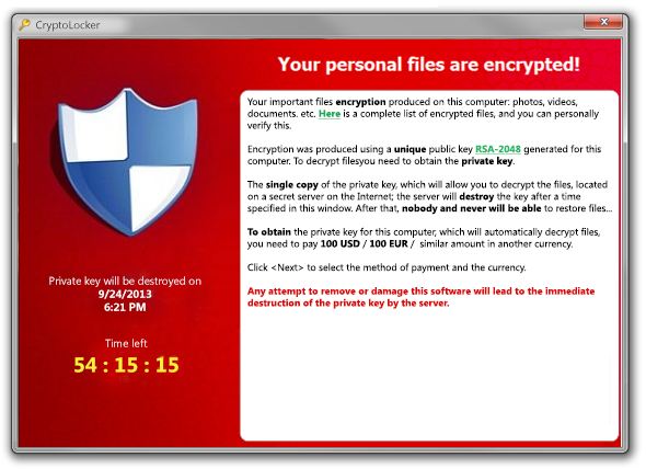 CryptoLocker 向受害人勒索 $100 美金