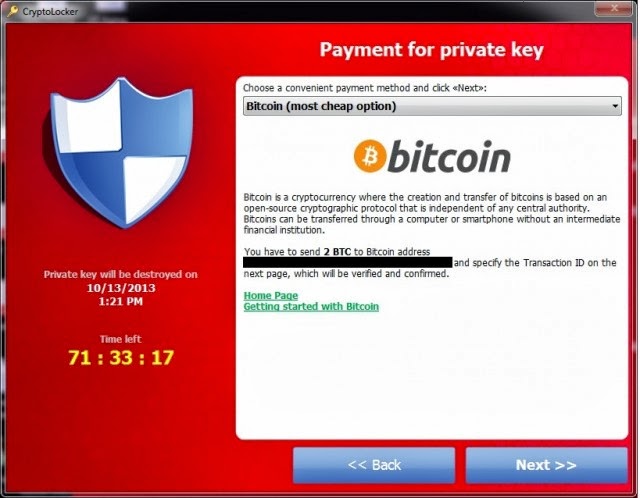 CryptoLocker 向受害人勒索 2 Bitcoin